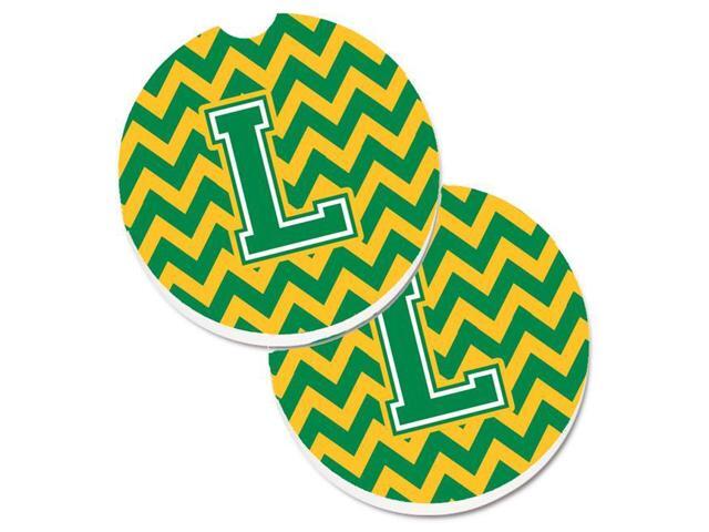 Carolines Treasures CJ1059-LCARC Letter L Chevron Green & Gold Set of 2 Cup Holder Car Coaster