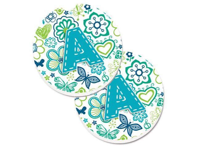 Carolines Treasures CJ2006-ACARC Letter A Flowers & Butterflies Teal Blue Set of 2 Cup Holder Car Coaster