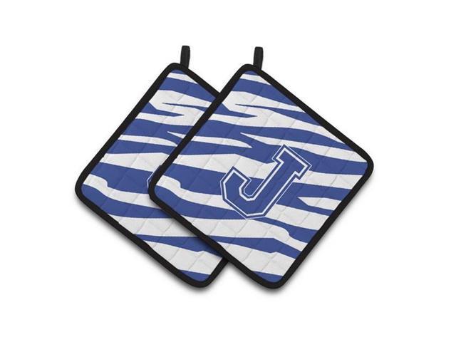 Carolines Treasures CJ1034-JPTHD Monogram Initial J Tiger Stripe Blue & White Pair of Pot Holders 75 x 3 x 75 in