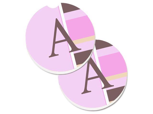 Carolines Treasures CJ1005-ACARC Letter A Monogram Pink Stripes Set of 2 Cup Holder Car Coaster