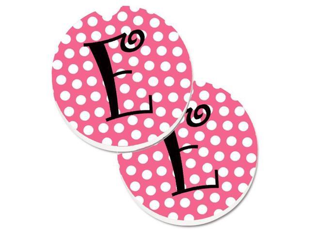 Carolines Treasures CJ1001-ECARC Letter E Monogram Pink & Black Polka Dots Set of 2 Cup Holder Car Coaster