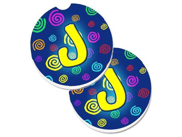 Carolines Treasures CJ1011-JCARC Letter J Initial Monogram Blue Swirls Set of 2 Cup Holder Car Coaster