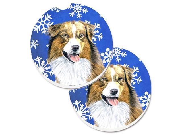 Carolines Treasures SC9397CARC Australian Shepherd Winter Snowflakes Holiday Set of 2 Cup Holder Car Coaster