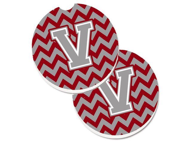 Carolines Treasures CJ1043-VCARC Letter V Chevron Crimson & Grey Set of 2 Cup Holder Car Coaster