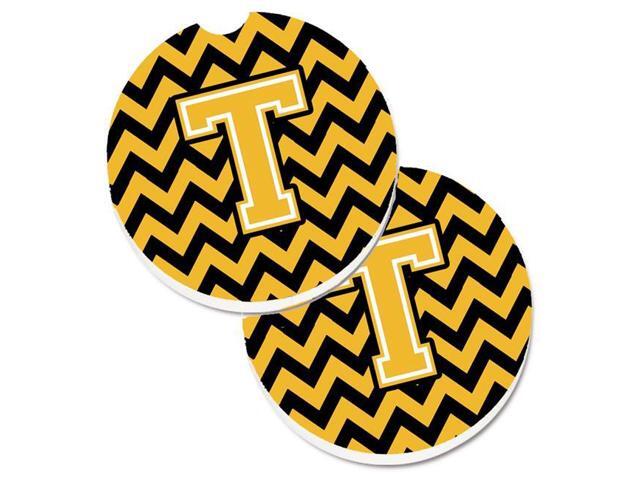 Carolines Treasures CJ1053-TCARC Letter T Chevron Black & Gold Set of 2 Cup Holder Car Coaster
