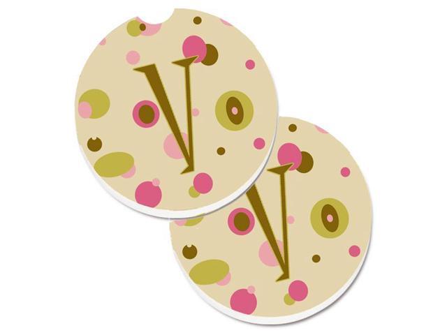 Carolines Treasures CJ1004-VCARC Letter V Initial Monogram Tan Dots Set of 2 Cup Holder Car Coaster