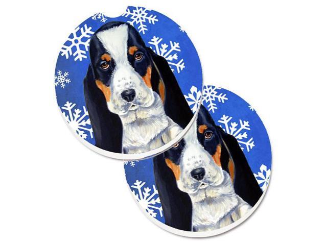 Carolines Treasures LH9284CARC Basset Hound Winter Snowflakes Holiday Set of 2 Cup Holder Car Coaster