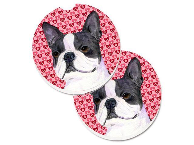 Carolines Treasures SS4516CARC Boston Terrier Hearts Love Valentines Day Set of 2 Cup Holder Car Coaster