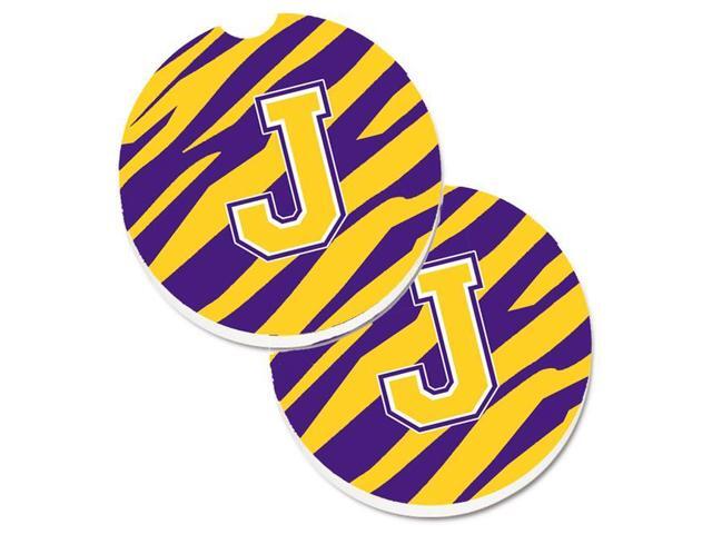 Carolines Treasures CJ1022-JCARC Letter J Monogram Tiger Stripe Purple & Gold Set of 2 Cup Holder Car Coaster