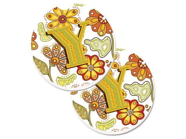 Carolines Treasures CJ2003-YCARC Letter Y Floral Mustard & Green Set of 2 Cup Holder Car Coaster