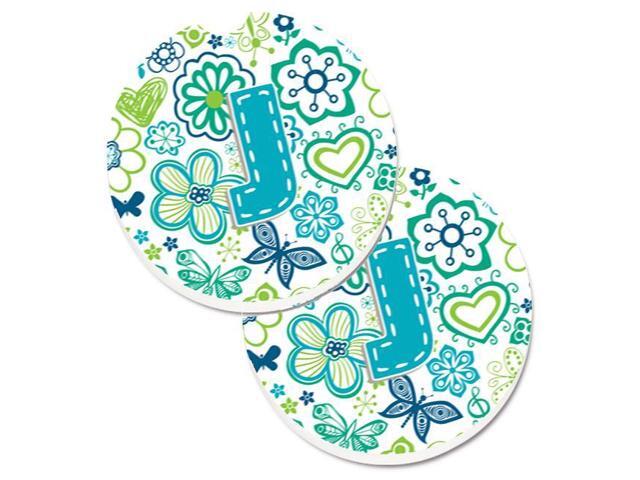 Carolines Treasures CJ2006-JCARC Letter J Flowers & Butterflies Teal Blue Set of 2 Cup Holder Car Coaster