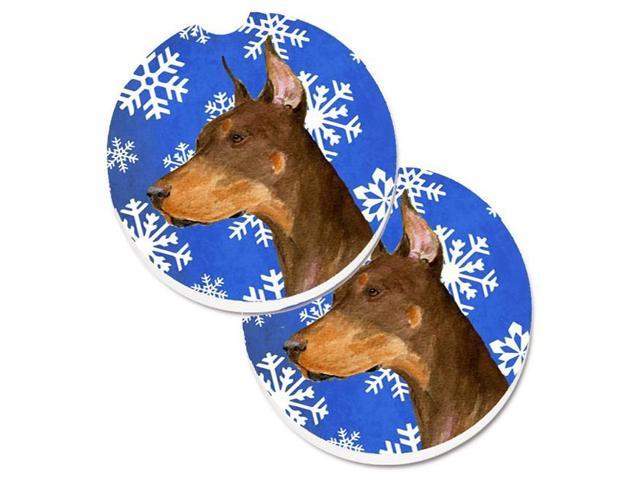 Carolines Treasures SS4606CARC Doberman Winter Snowflakes Holiday Set of 2 Cup Holder Car Coaster