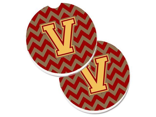 Carolines Treasures CJ1048-VCARC Letter V Chevron Garnet & Gold Set of 2 Cup Holder Car Coaster