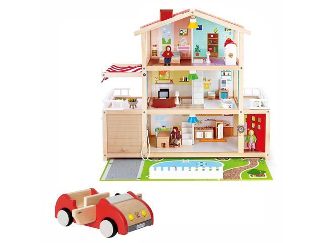 Hape All Season Kids 10 Room Dollhouse Bundle with Wooden Family Play Toy Car
