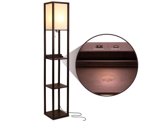Brightech Maxwell Tower Floor Lamp w/ Shelves & Wireless Charging Havana Brown
