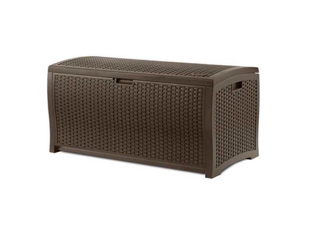 Suncast 73 Gallon Waterproof Resin Wicker Outdoor Patio Storage Deck Box Mocha