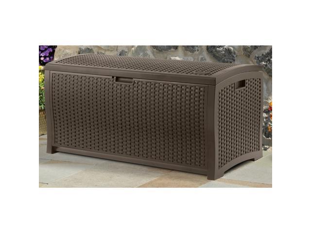 Suncast 99 Gallon Deck Garden Garage Home Wicker Resin Pool Box-Mocha (2 Pack)