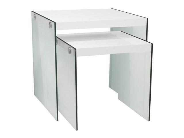 Monarch Specialties Glossy White Tempered Glass Two Pieces Nesting Table Set I 3287