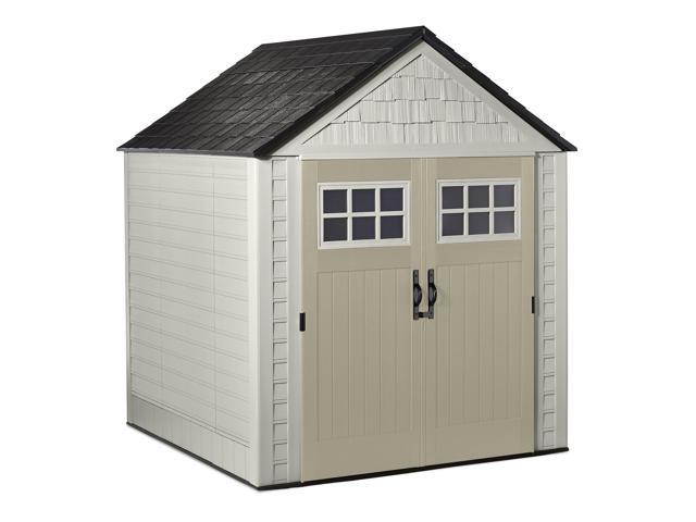 Rubbermaid Outdoor Large Vertical Storage Shed  Resin  Sandstone & Onyx  7 ft. x 7 ft.