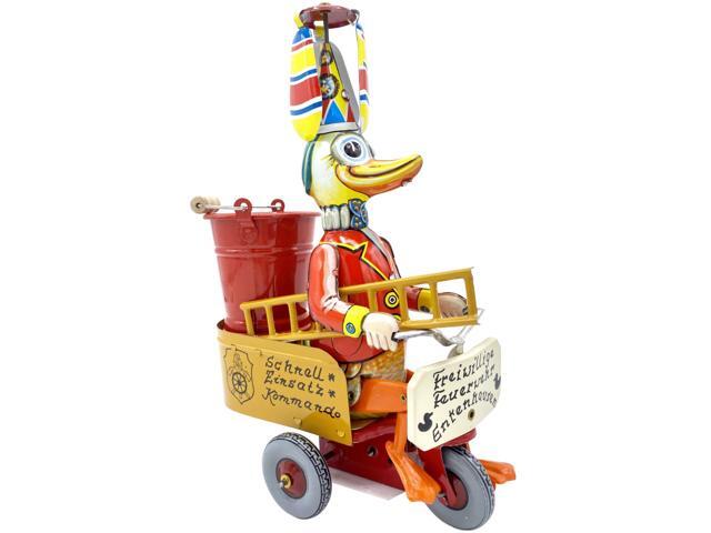 85' Yellow and Red German Collectible Fireman Duck Tin Toy