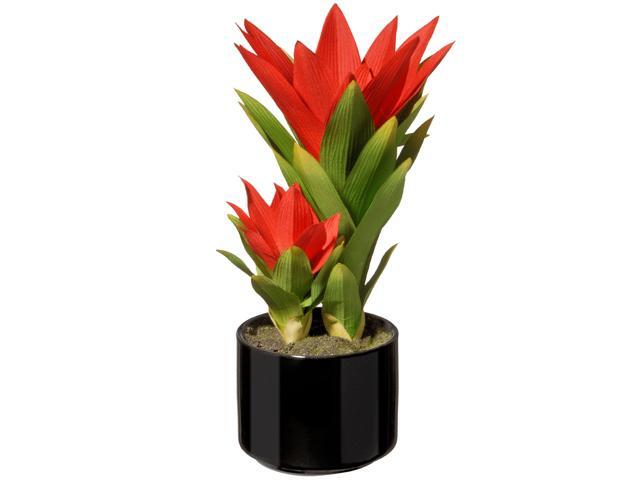 10' Potted Artificial Red Bromeliad Plant in Black Ceramic Pot