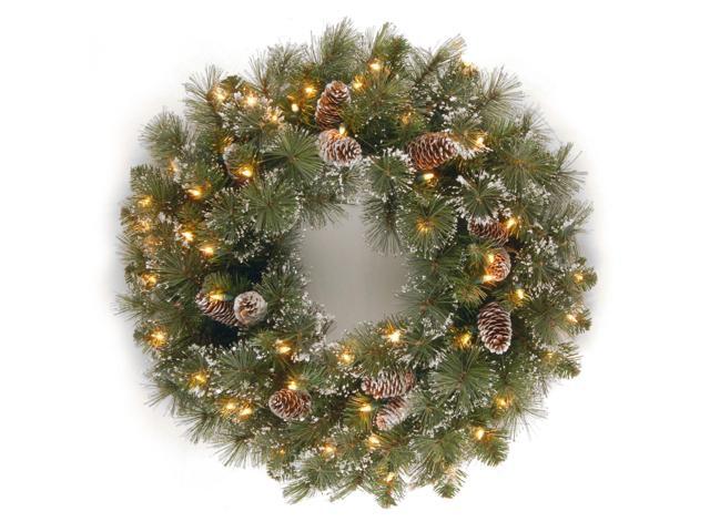 Pre-Lit Glittery Pine Artificial Christmas Wreath - 24-Inch Clear Lights