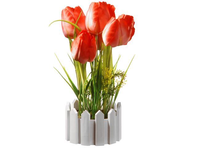 11' Artificial Red Tulip Flower Arrangement in Picket Fence Pot