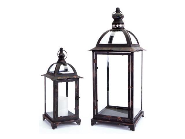 Set of 2 Pagoda Crest Weathered Iron and Glass Pillar Candle Holder Lanterns - 26'