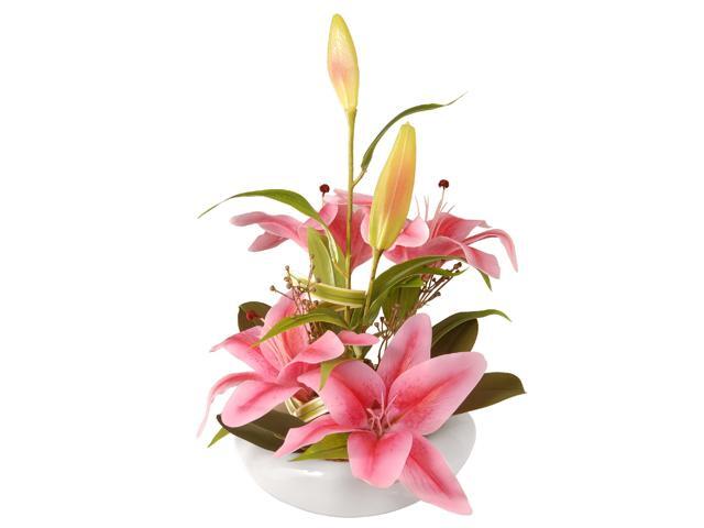 18' Pink Lily Artificial Flowers in White Bowl Planter