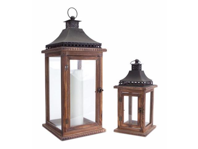 Set of 2 Cape Cod Wooden and Glass Pillar Candle Holder Lanterns - 235'