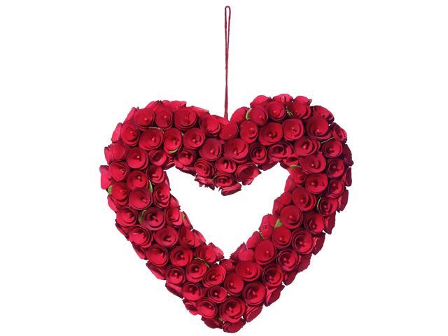 Red Curl Roses Wood Handcrafted Valentine Heart Wreath - 16-Inch Unlit