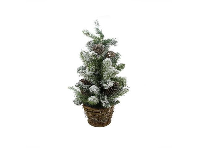 2' Potted Flocked Pine Artificial Christmas Tree with Wicker Base - Unlit