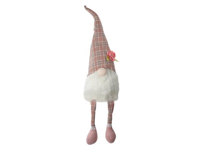 29' Pink and White Plaid Spring Gnome Table Top Figure with Dangling Legs