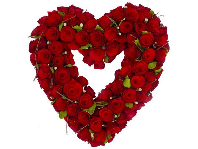 13' Red Wooden Rose Floral Heart Shaped Artificial Valentine's Day Wreath