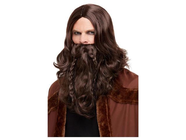 Brown Viking Barbarian Men Adult Halloween Wig and Beard Costume Accessories - One Size