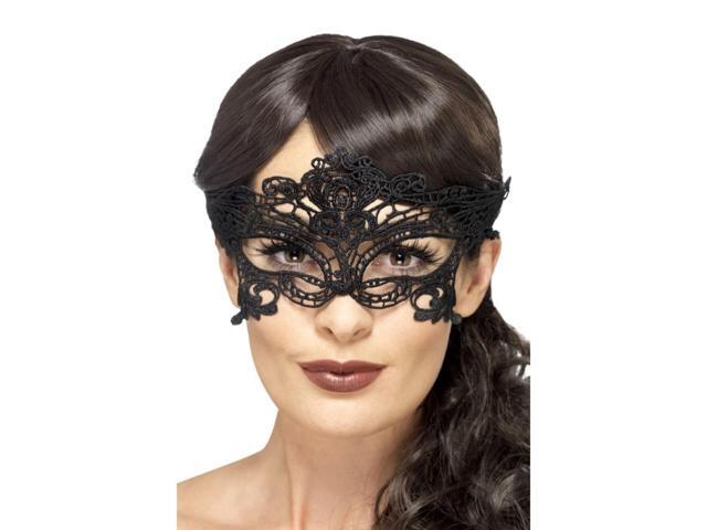 28' Black Embroidered Lace Filigree Heart Women Adult Halloween Eyemask Costume Accessory - One Size