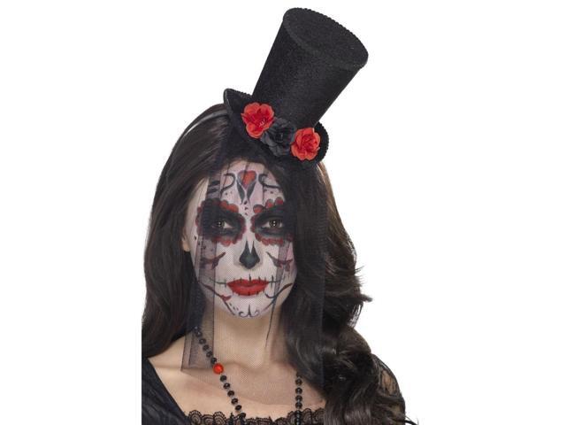 13' Black and Red Day of the Dead Women Adult Halloween Top Hat Costume Accessory - One Size