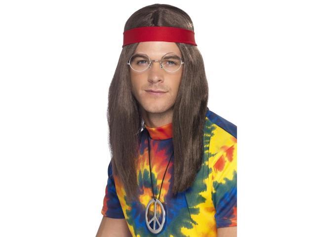 25' Brown and Red Hippie Men Adult Halloween Wig and Specs Costume Accessory - One Size