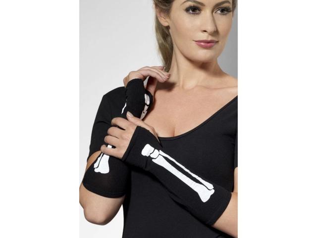 19' Black and White Fingerless Skeleton Printed Women Adult Halloween Gloves Costume Accessory - One Size