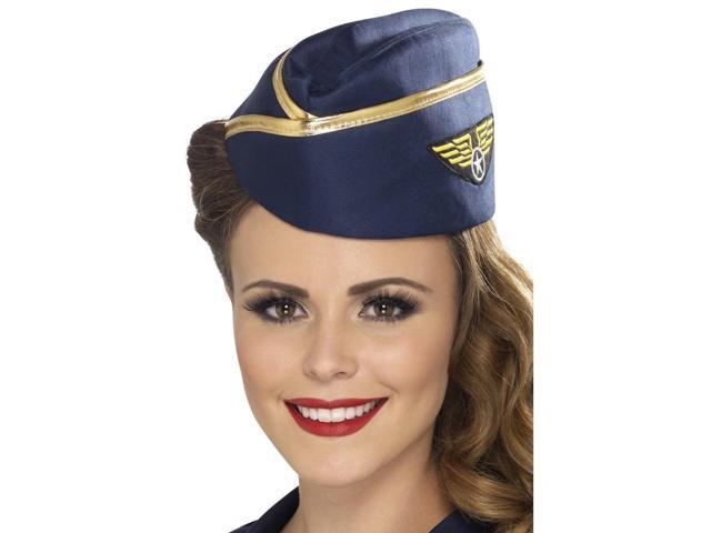 28' Blue Air Hostess Women Adult Halloween Hat with Gold Rim Costume Accessory - One Size