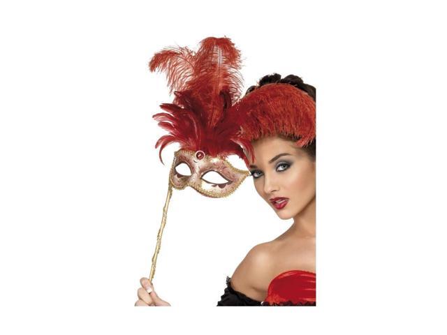 28' Red Baroque Fantasy Halloween Mask with Feathers and Handle Costume Accessory - One Size