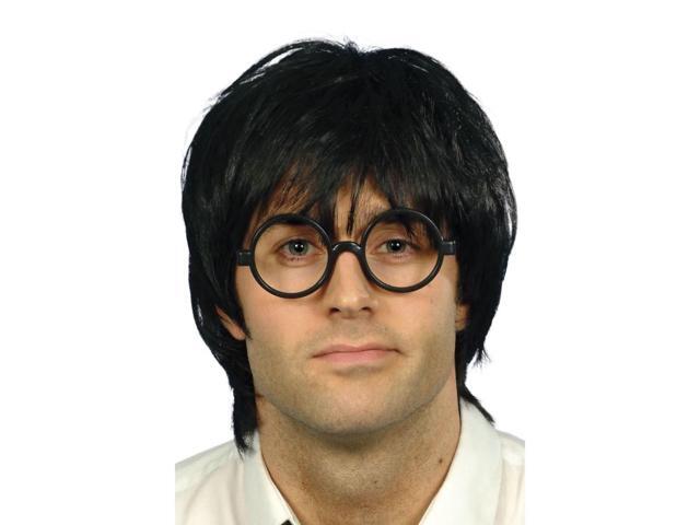 26' Black Schoolboy Men Adult Halloween Wig and Glass Costume Accessory - One Size