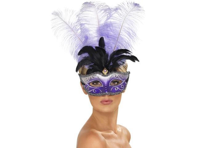 28' Purple Venetian Colombian Eye-mask with Plume Halloween Costume Accessory - One Size