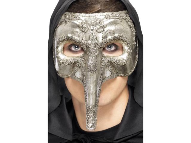 34' Silver Luxury Venetian Capitano Bird Face Mask Men Adult Halloween Costume Accessory - One Size