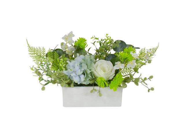 14-Inch Blue and White Hydrangea and Rose Artificial Floral Arrangement in Planter