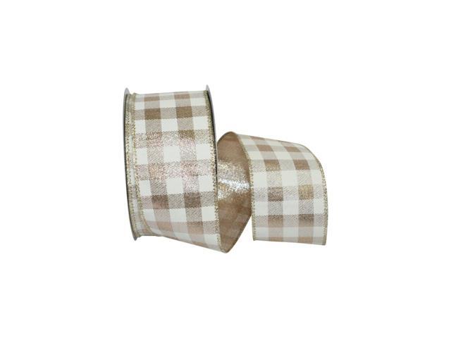 Ivory and Gold Metallic Large Gingham Wired Edge Craft Ribbon 25' x 25 Yards
