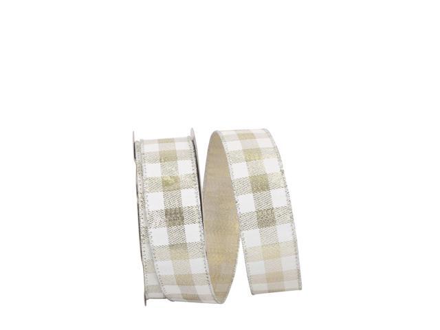White and Platinum Metallic Large Gingham Wired Edge Craft Ribbon 15' x 25 Yards