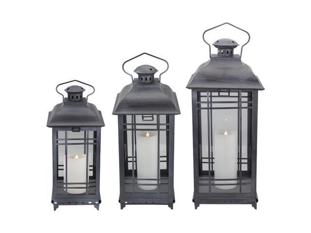 Set of 3 Gray and White Wash Mission Style Glass Pillar Candle Lanterns 2175'
