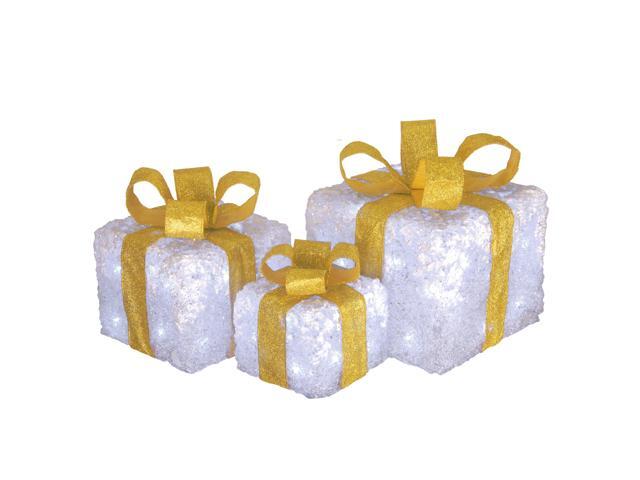 Set of 3 White and Gold Pre-Lit Gift Boxes - LED Lights