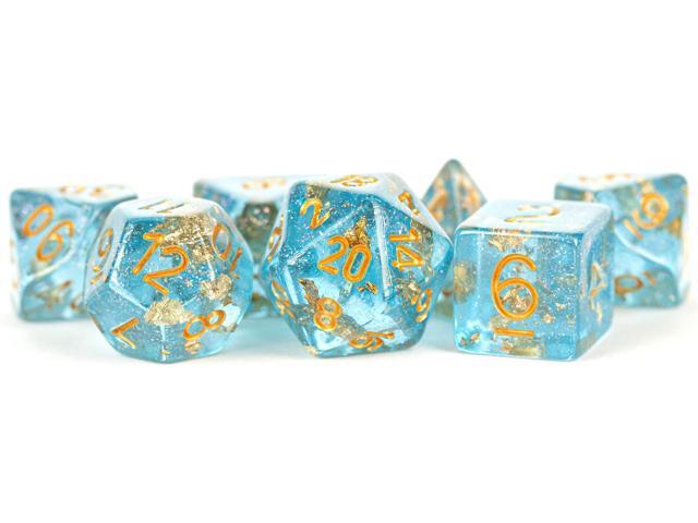 Metallic Dice Games LIC618 16 mm Clear Specialty Resin Dice with Gold Foil & Gold Numbers - Set of 7